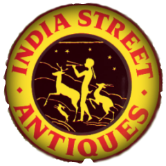 India Street Antiques round logo with yellow background and red text. Art Deco Pan and deer are at center. Edges burned out to create aged look.