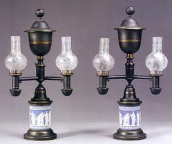 Pair double burner Argand lamps with Wedgwood Jasperware bases.