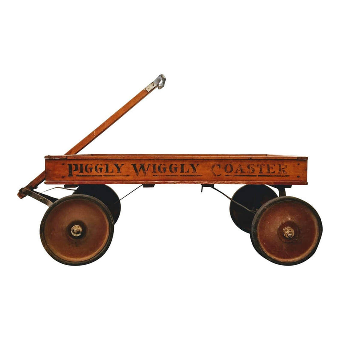 What a cool piece of San Diego history this Piggly Wiggly Coaster is! Piggly Wiggly first opened in San Diego in October 1922. In 1926 Jack Hartley opened one on 30th Street in North Park, followed by multiple stores including the one on Park Boulevard (now known as Sprouts), which is where this wagon was acquired. The wooden wagon retains much of the faded red paint and the black hand painted lettering spelling out