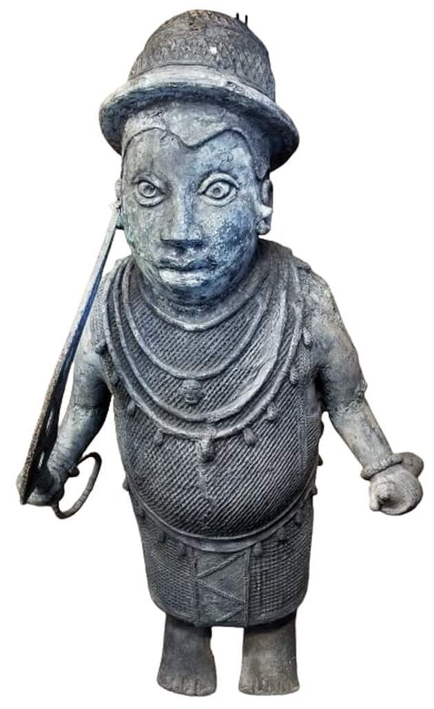 Benin Bronze Guardian of Ile Ife hollow cast sculpture.
