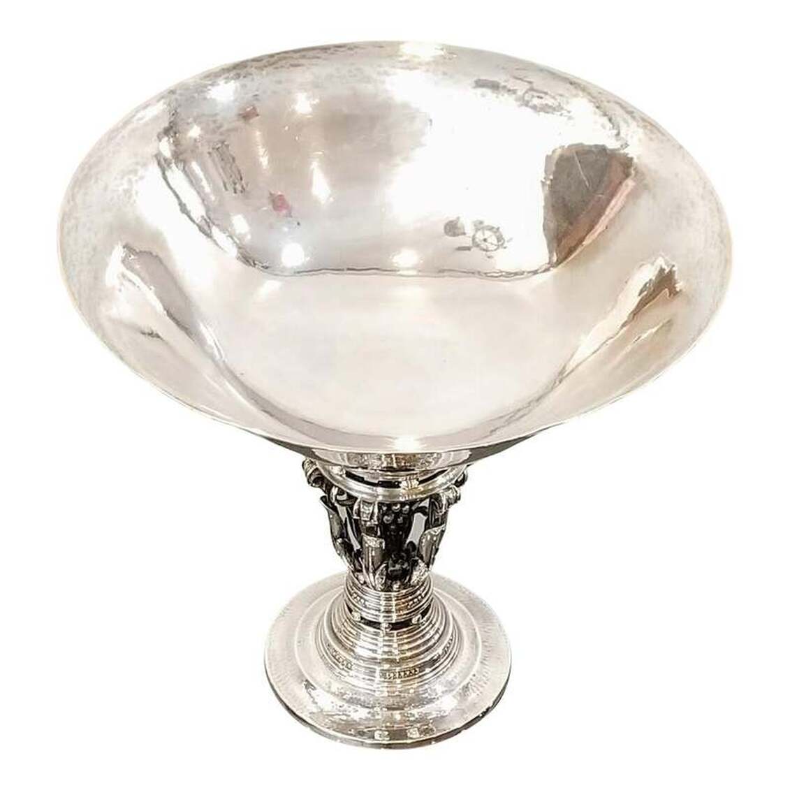 Johan Rohde designed sterling silver compote crafted by Georg Jensen A/S ( Georg Jensen Sølvsmedie), Copenhagen, Denmark. The Scandinavian Art Nouveau Danish Silver Centerpiece Pedestal Bowl known as The Princess Bowl was created as a complementary piece to the larger