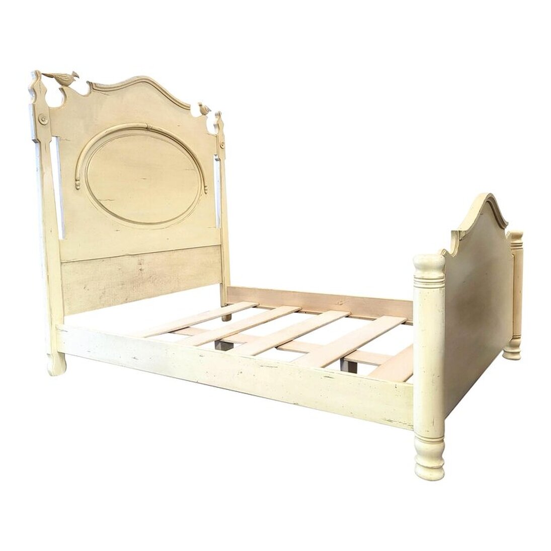 Full-Sized Bed Frame | Pat Harker Designs | Woodland Furniture | Madeline Bed 502 with Birds | Idaho Falls, Idaho | Made in U.S.A. The lightly distressed full size bedframe is hand-constructed and hand-carved from alder wood and hand-finished with Woodland's