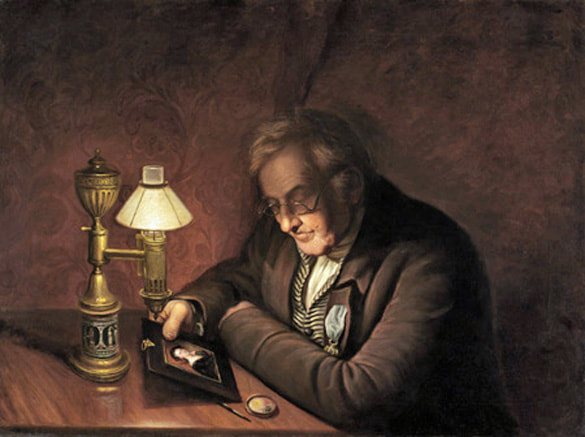 In The Lamplight Portrait (1822) we see James Peale working on a miniature portrait by the light of an Argand reading lamp.