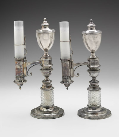 Pair silverplate and cut glass Argand lamps.
