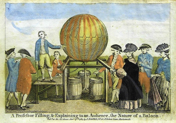 Professor Argand demonstrating a hot air balloon to an audience in England in 1783.