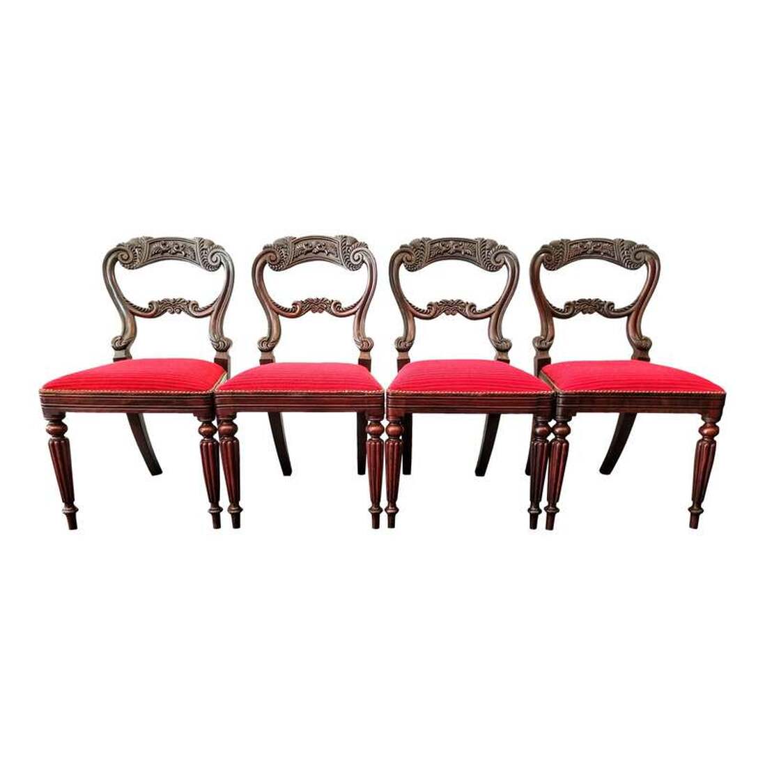 Set of four waisted open balloon back chairs numbered III, V, VIIII, and X, indicating these were once part of a set of 10 to 20 chairs. Gillow & Co. created large chair sets for their upscale clients in Lancaster. The style of the chairs is inspired by both the hot air balloon flight of the Montgolfier brothers in 1783, which led to the creation of a